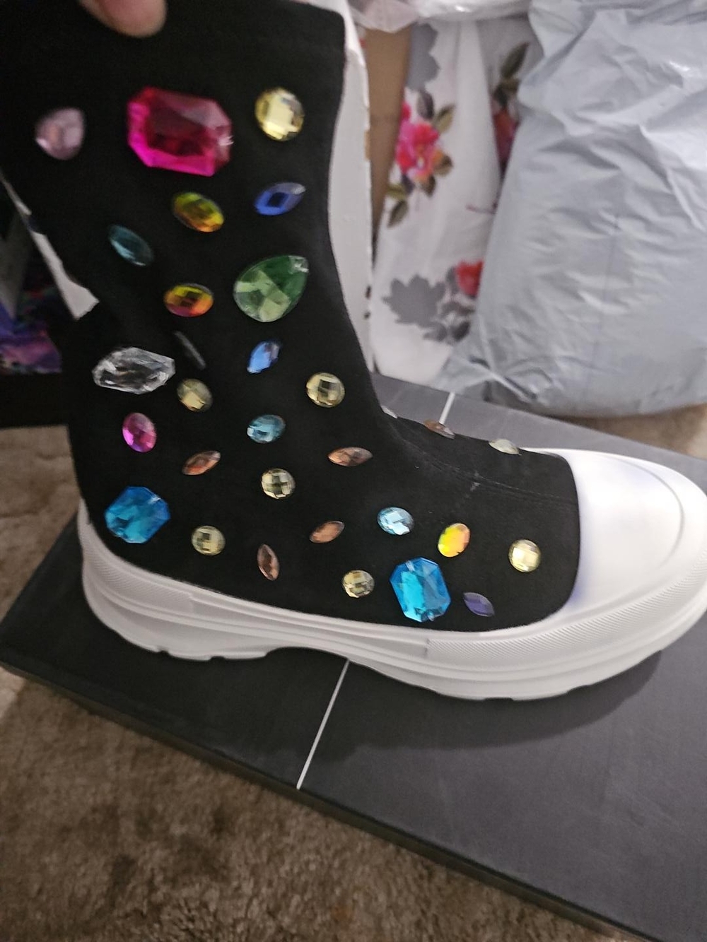 Cape Robbin Black Suede Platform Sneaker with Multicolor Gem Accents